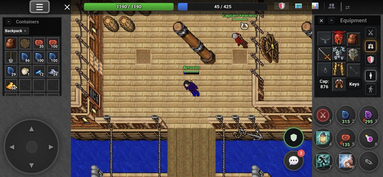 Tibia-style game in landscape on a phone: backpack and joystick on the left, a ship deck in the middle, equipment and hotbar on the right