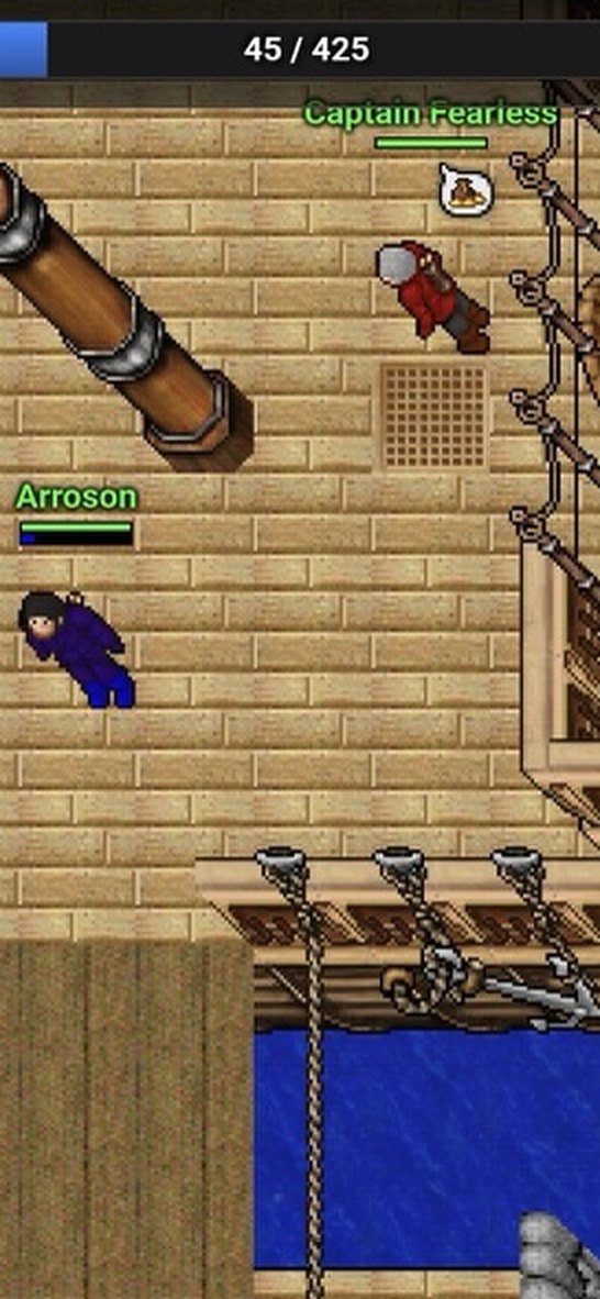 Classic Tibia-style world on a phone: a character on a ship deck in the harbour